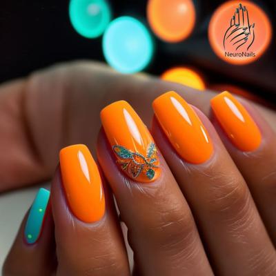Orange neon nail design with decoration