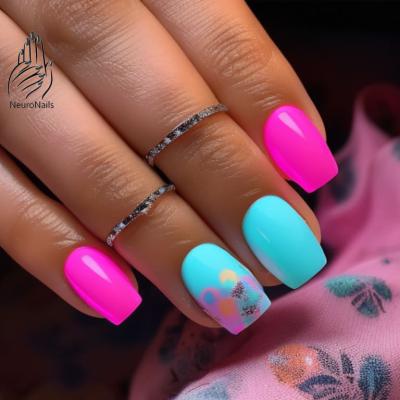 Neon design in raspberry and blue tones with a nail pattern