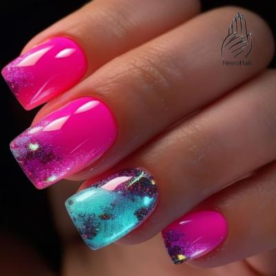 Neon nail design with raspberry and blue shades