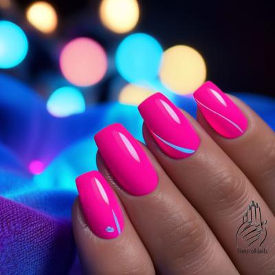 Red neon nail design with blue stripes