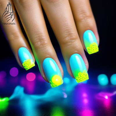 Turquoise neon design with yellow pattern on the ends of the nails