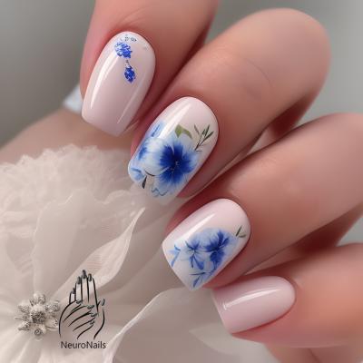 Синие цветы изображены на бежевых ногтях