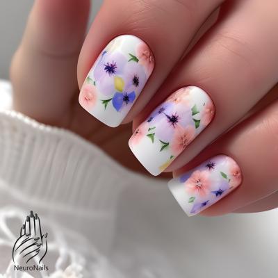 Изображения цветов на белых ногтях