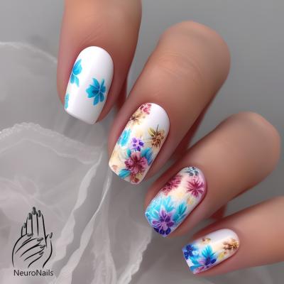 Белые ногти с цветами ярких летних оттенков