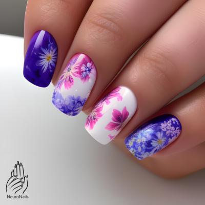 Яркий цветочный дизайн на ногтях