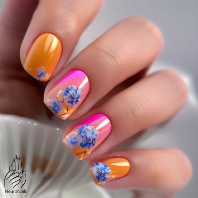 Ногти с оранжевыми и розовыми оттенками и цветочками
