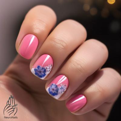 Розово-белые ногти с летними цветами