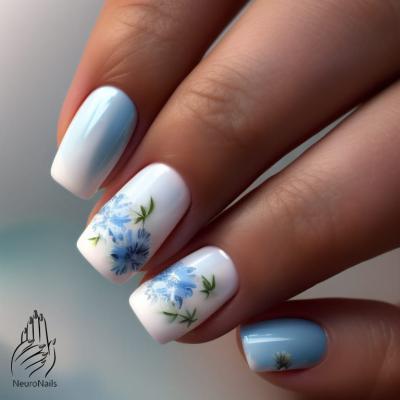 Цветы на белых и голубых ногтях
