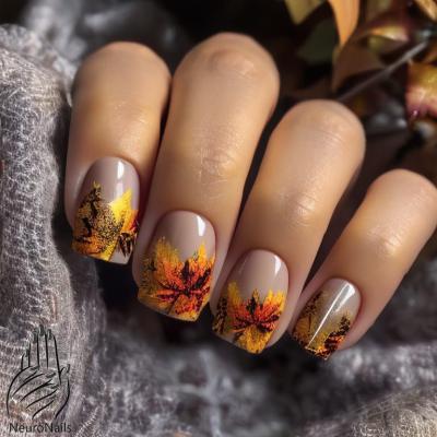 Яркие осенние листья на коричневых ногтях