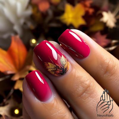 Бордовый осенний маникюр с листьями