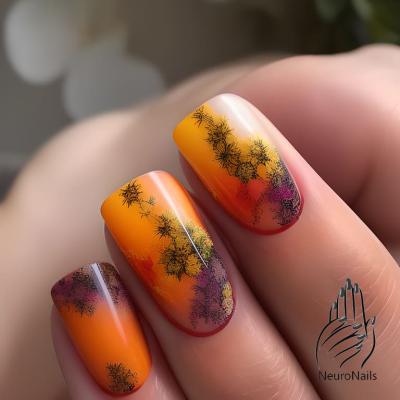 Оранжевый осенний маникюр с цветочным принтом