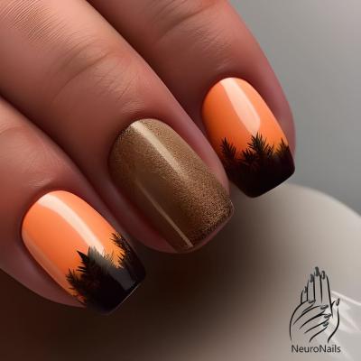 Осенний маникюр с коричневыми, черными и оранжевыми оттенками