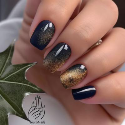 Золотисто-синий осенний дизайн ногтей