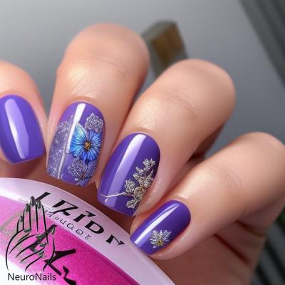 Осенний дизайн ногтей с освежающим голубым оттенком и цветочками