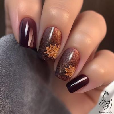 Бордовый и коричневый дизайн ногтей с осенними листьями