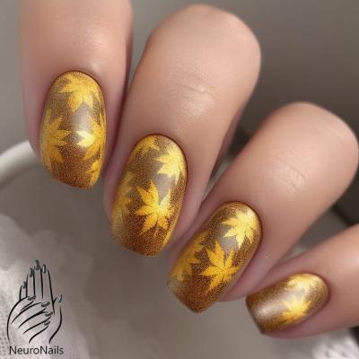 Осенние золотистые листья на коричневых ногтях