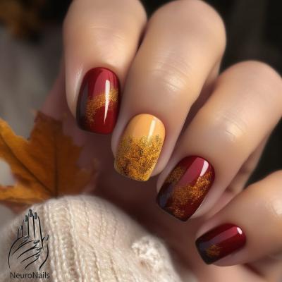 Дизайн ногтей с цветом красных и желтых опавших листьев