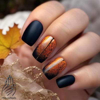 Осенний дизайн ногтей с градиентом оранжевого и черного оттенков