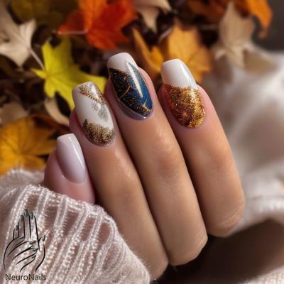 Осенний дизайн ногтей с желтым и темно-синими узорами