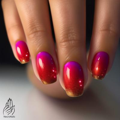 Градиент на ногтях фиолетового, красного и золотистого оттенков