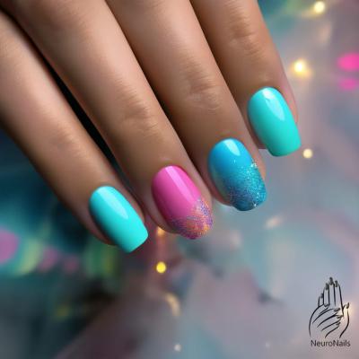 Градиентный дизайн ногтей с розовыми, голубыми и зелеными оттенками