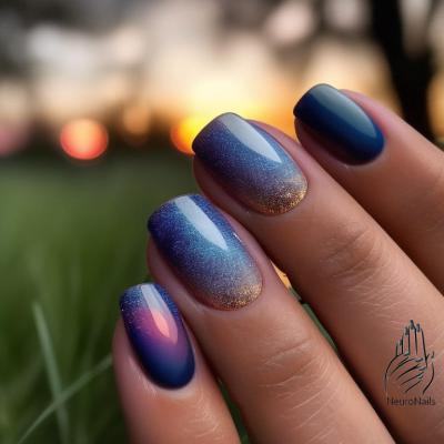 Летний градиентный дизайн ногтей на фоне заката