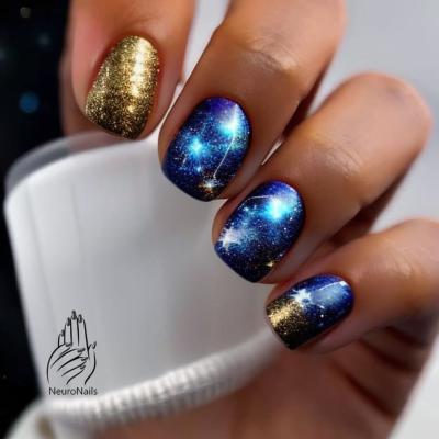 Космический дизайн ногтей с яркими синими сгустками звездной энергии