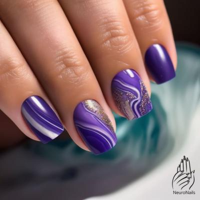 Мраморные ногти с фиолетовыми и белыми разводами